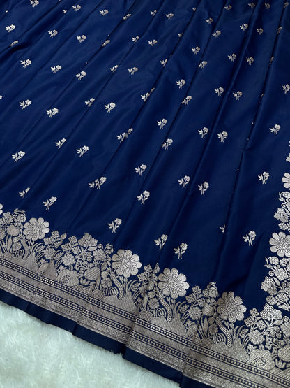 Navy Blue Katan Silk Banarasi Saree with Classic Copper Zari Arch-Bell Border and Elegant Floral Sprigs