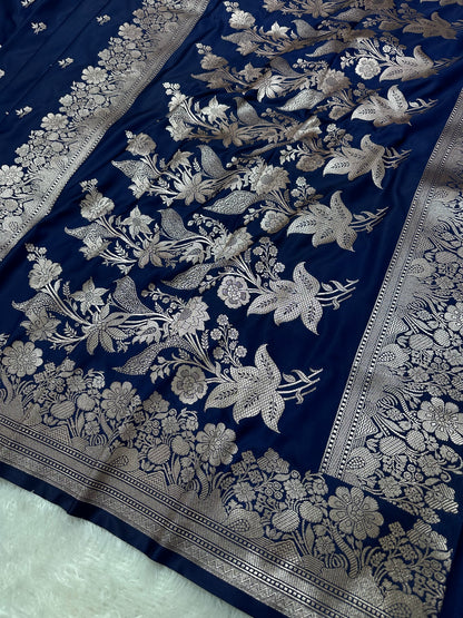 Navy Blue Katan Silk Banarasi Saree with Classic Copper Zari Arch-Bell Border and Elegant Floral Sprigs