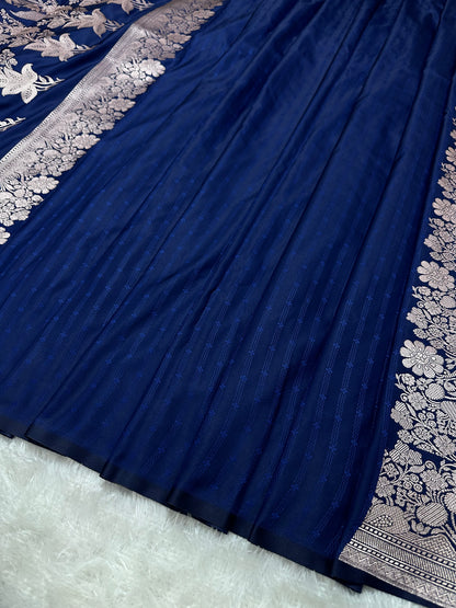 Navy Blue Katan Silk Banarasi Saree with Classic Copper Zari Arch-Bell Border and Elegant Floral Sprigs