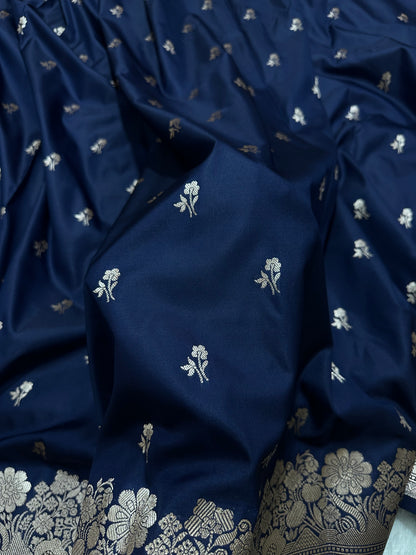 Navy Blue Katan Silk Banarasi Saree with Classic Copper Zari Arch-Bell Border and Elegant Floral Sprigs
