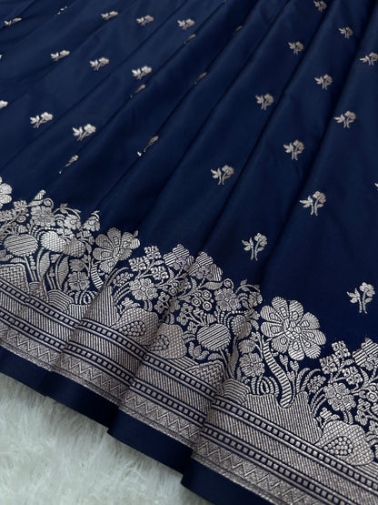 Navy Blue Katan Silk Banarasi Saree with Classic Copper Zari Arch-Bell Border and Elegant Floral Sprigs