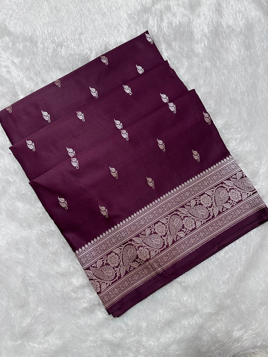 Deep Plum Katan Silk Banarasi Saree with Heritage Copper Zari Kalka Bel Border and Intricate Leaf Sprigs