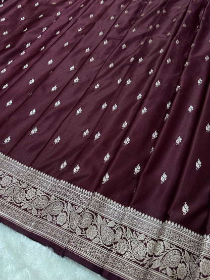 Deep Plum Katan Silk Banarasi Saree with Heritage Copper Zari Kalka Bel Border and Intricate Leaf Sprigs