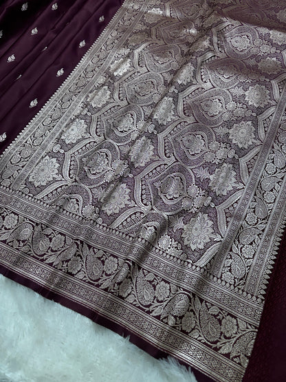 Deep Plum Katan Silk Banarasi Saree with Heritage Copper Zari Kalka Bel Border and Intricate Leaf Sprigs