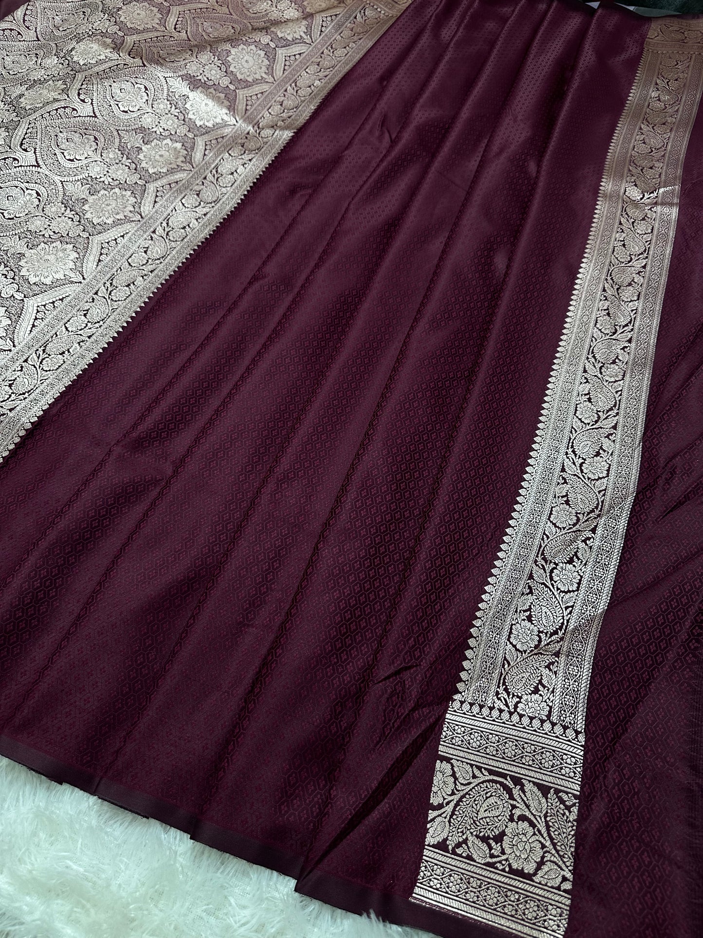 Deep Plum Katan Silk Banarasi Saree with Heritage Copper Zari Kalka Bel Border and Intricate Leaf Sprigs