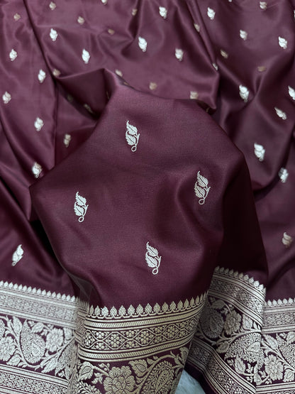 Deep Plum Katan Silk Banarasi Saree with Heritage Copper Zari Kalka Bel Border and Intricate Leaf Sprigs