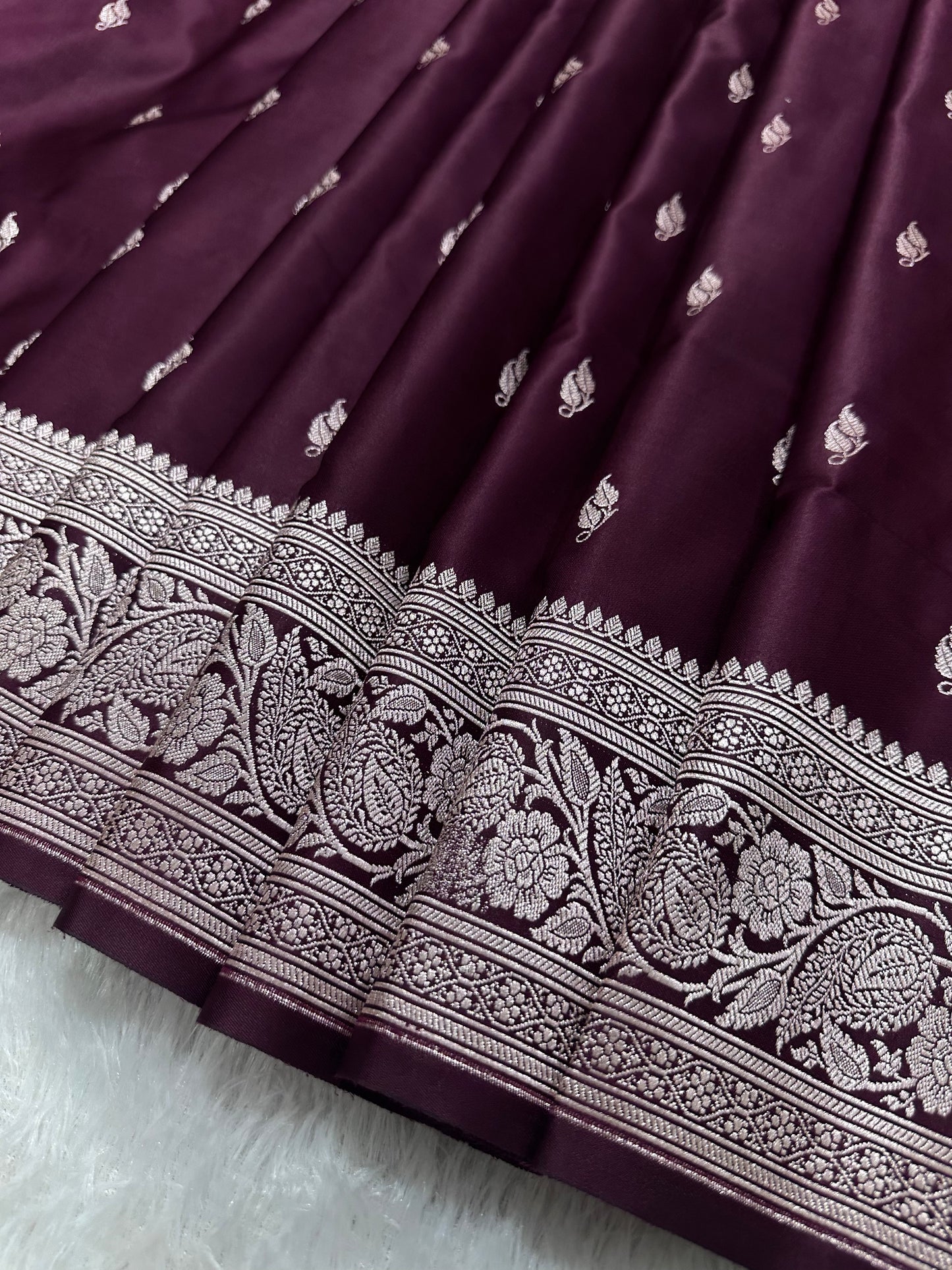 Deep Plum Katan Silk Banarasi Saree with Heritage Copper Zari Kalka Bel Border and Intricate Leaf Sprigs