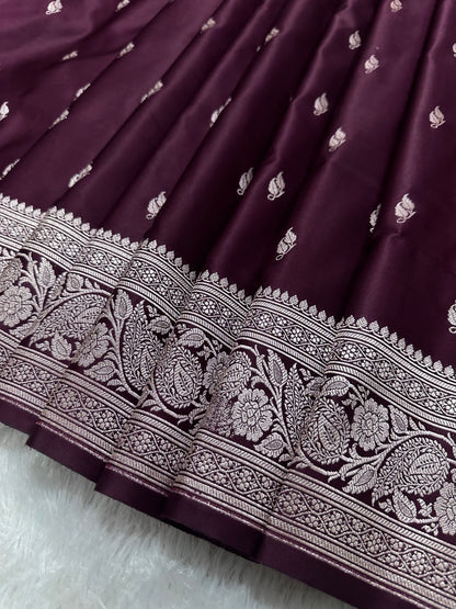 Deep Plum Katan Silk Banarasi Saree with Heritage Copper Zari Kalka Bel Border and Intricate Leaf Sprigs