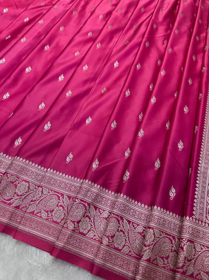 Rani Pink Katan Silk Banarasi Saree with Traditional Paisley Border and Subtle Copper Zari Micro-Butis (Copy)