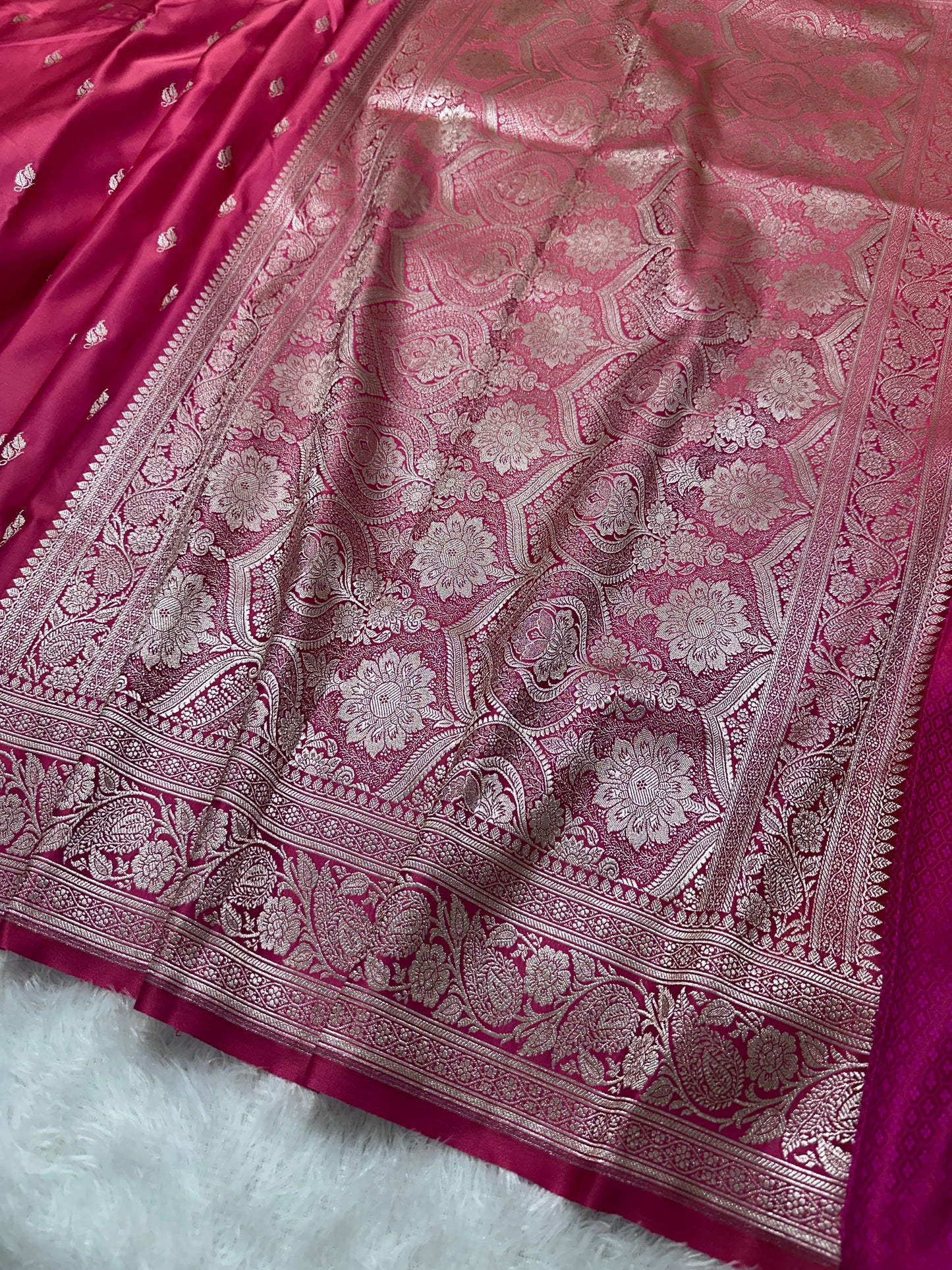 Rani Pink Katan Silk Banarasi Saree with Traditional Paisley Border and Subtle Copper Zari Micro-Butis (Copy)