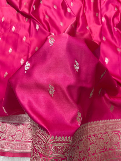 Rani Pink Katan Silk Banarasi Saree with Traditional Paisley Border and Subtle Copper Zari Micro-Butis (Copy)
