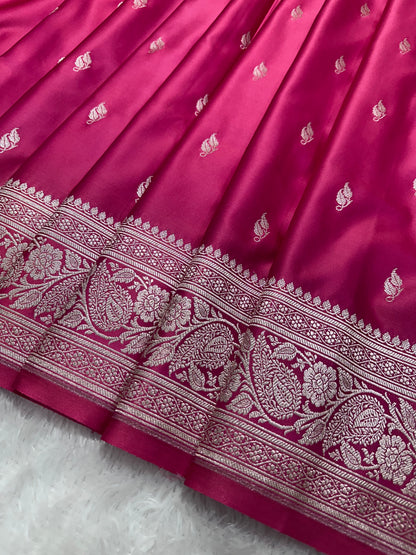 Rani Pink Katan Silk Banarasi Saree with Traditional Paisley Border and Subtle Copper Zari Micro-Butis (Copy)