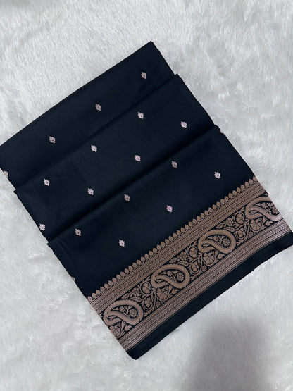 Black Katan Silk Banarasi Saree with Traditional Paisley Border and Subtle Copper Zari Micro-Butis