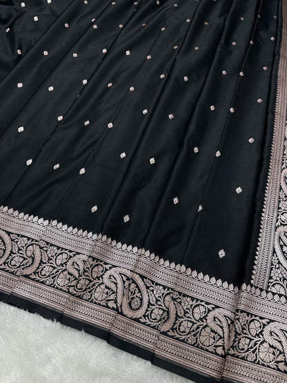 Black Katan Silk Banarasi Saree with Traditional Paisley Border and Subtle Copper Zari Micro-Butis