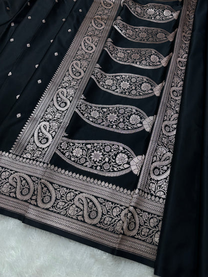 Black Katan Silk Banarasi Saree with Traditional Paisley Border and Subtle Copper Zari Micro-Butis