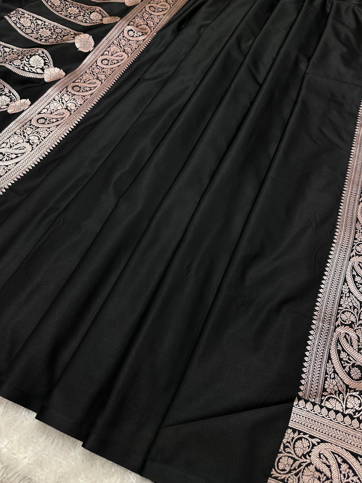 Black Katan Silk Banarasi Saree with Traditional Paisley Border and Subtle Copper Zari Micro-Butis