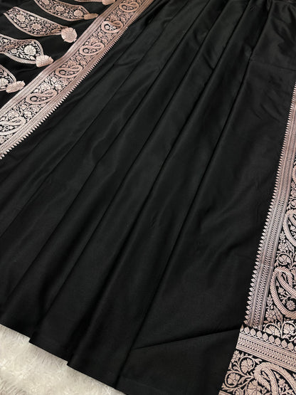 Black Katan Silk Banarasi Saree with Traditional Paisley Border and Subtle Copper Zari Micro-Butis
