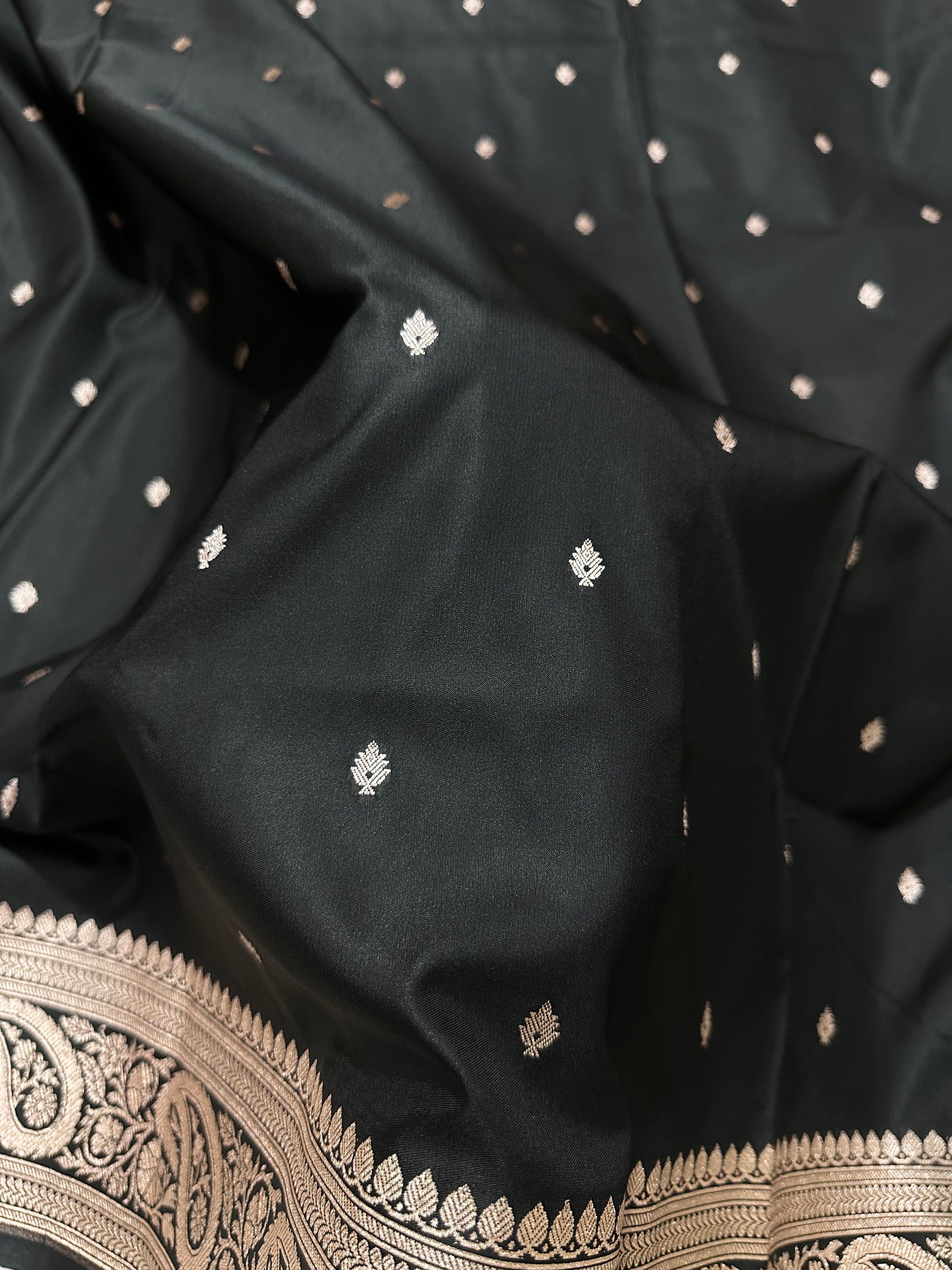 Black Katan Silk Banarasi Saree with Traditional Paisley Border and Subtle Copper Zari Micro-Butis