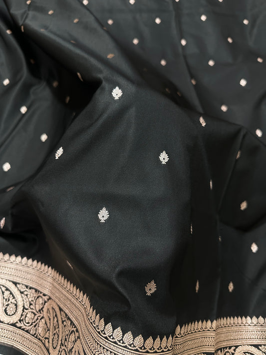 Black Katan Silk Banarasi Saree with Traditional Paisley Border and Subtle Copper Zari Micro-Butis
