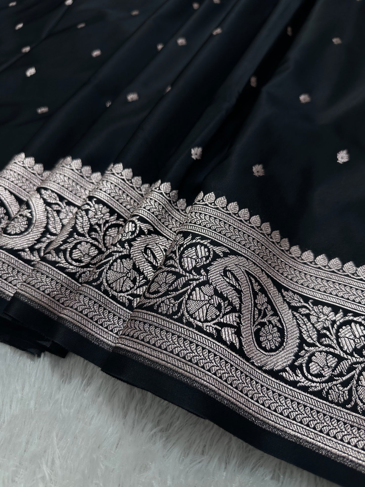Black Katan Silk Banarasi Saree with Traditional Paisley Border and Subtle Copper Zari Micro-Butis