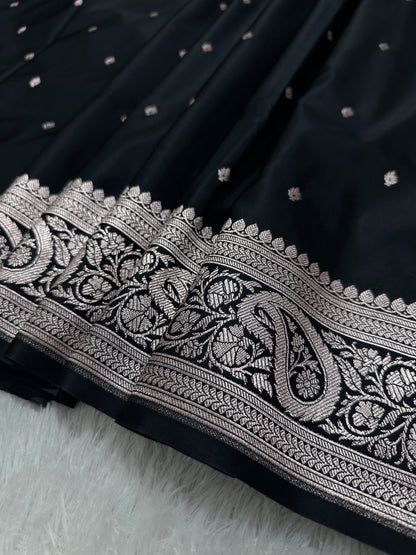 Black Katan Silk Banarasi Saree with Traditional Paisley Border and Subtle Copper Zari Micro-Butis