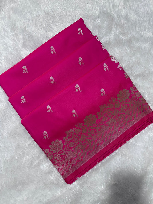 Magenta Pink Katan Silk Banarasi Saree with Fine Antique Copper Zari Arch-Bell Jhallar Border