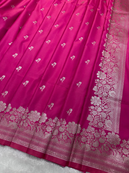 Magenta Pink Katan Silk Banarasi Saree with Fine Antique Copper Zari Arch-Bell Jhallar Border