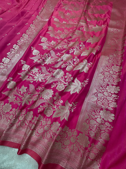 Magenta Pink Katan Silk Banarasi Saree with Fine Antique Copper Zari Arch-Bell Jhallar Border
