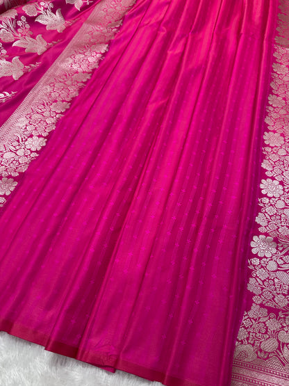 Magenta Pink Katan Silk Banarasi Saree with Fine Antique Copper Zari Arch-Bell Jhallar Border