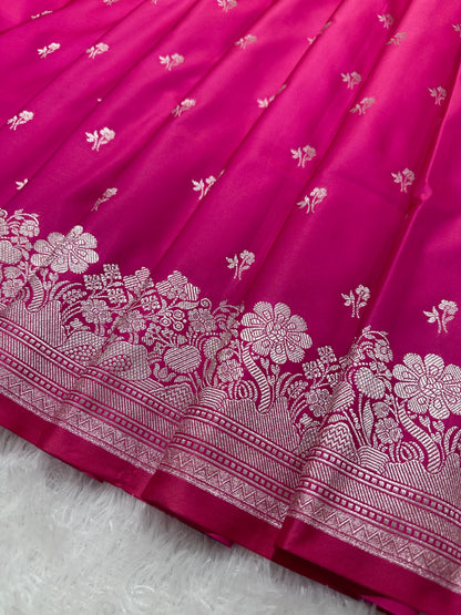 Magenta Pink Katan Silk Banarasi Saree with Fine Antique Copper Zari Arch-Bell Jhallar Border