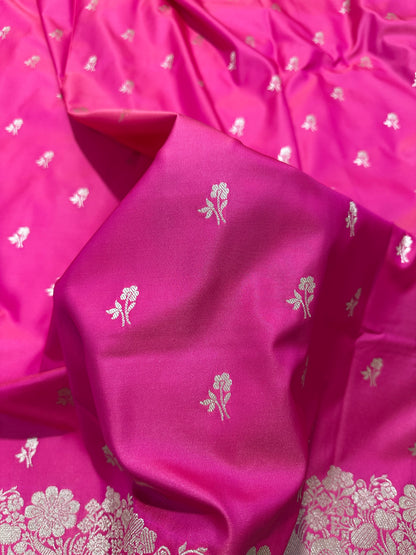 Magenta Pink Katan Silk Banarasi Saree with Fine Antique Copper Zari Arch-Bell Jhallar Border