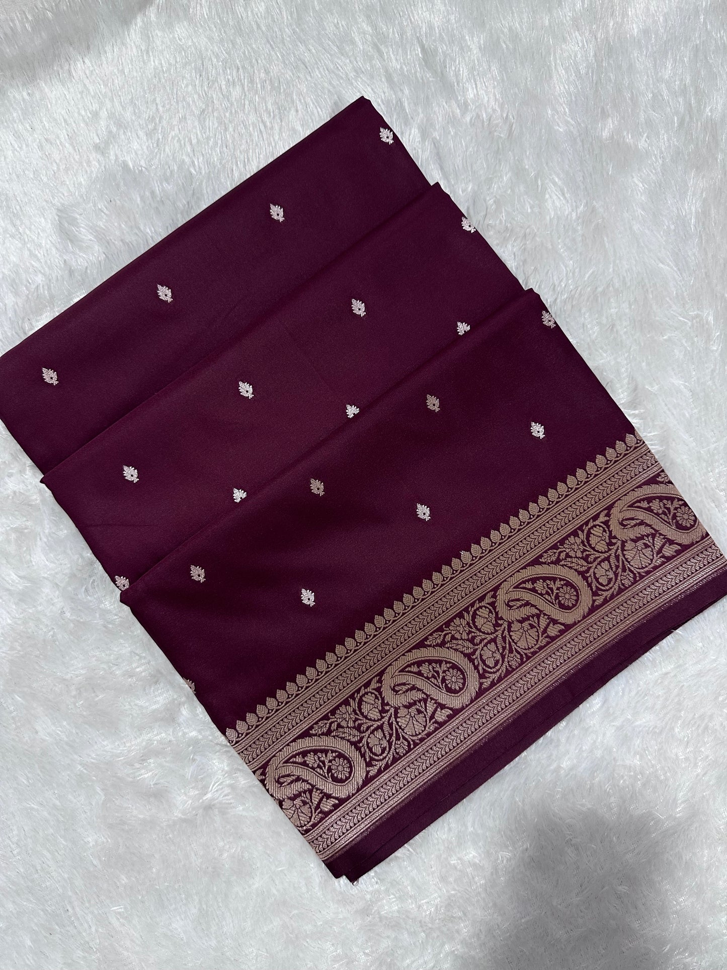 Deep Wine Katan Silk Banarasi Saree with Traditional Paisley Border and Shimmering Copper Zari Micro-Butis