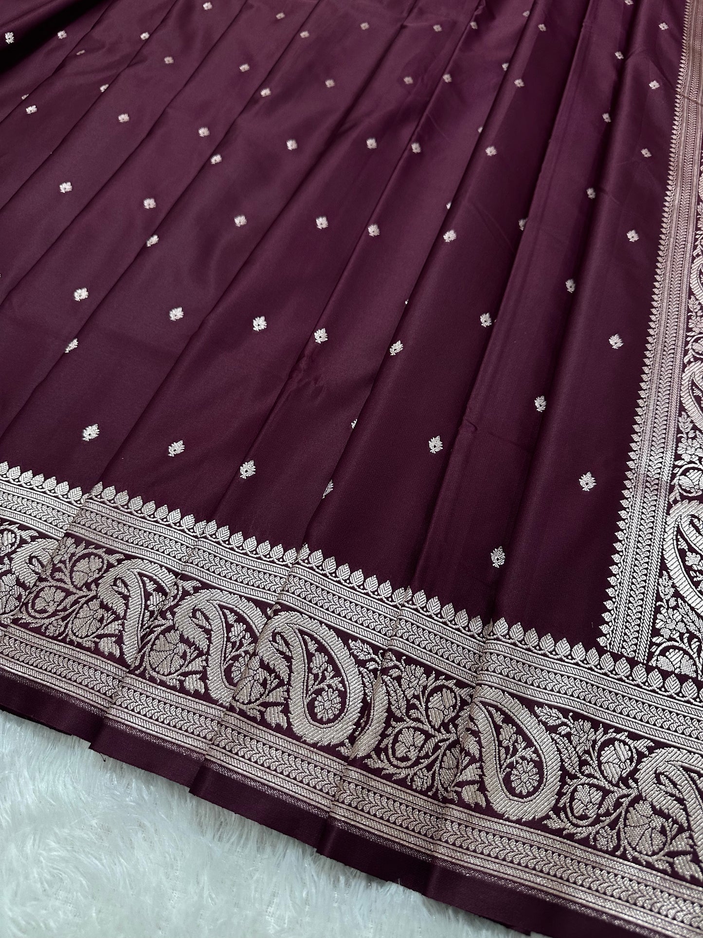 Deep Wine Katan Silk Banarasi Saree with Traditional Paisley Border and Shimmering Copper Zari Micro-Butis