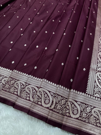 Deep Wine Katan Silk Banarasi Saree with Traditional Paisley Border and Shimmering Copper Zari Micro-Butis