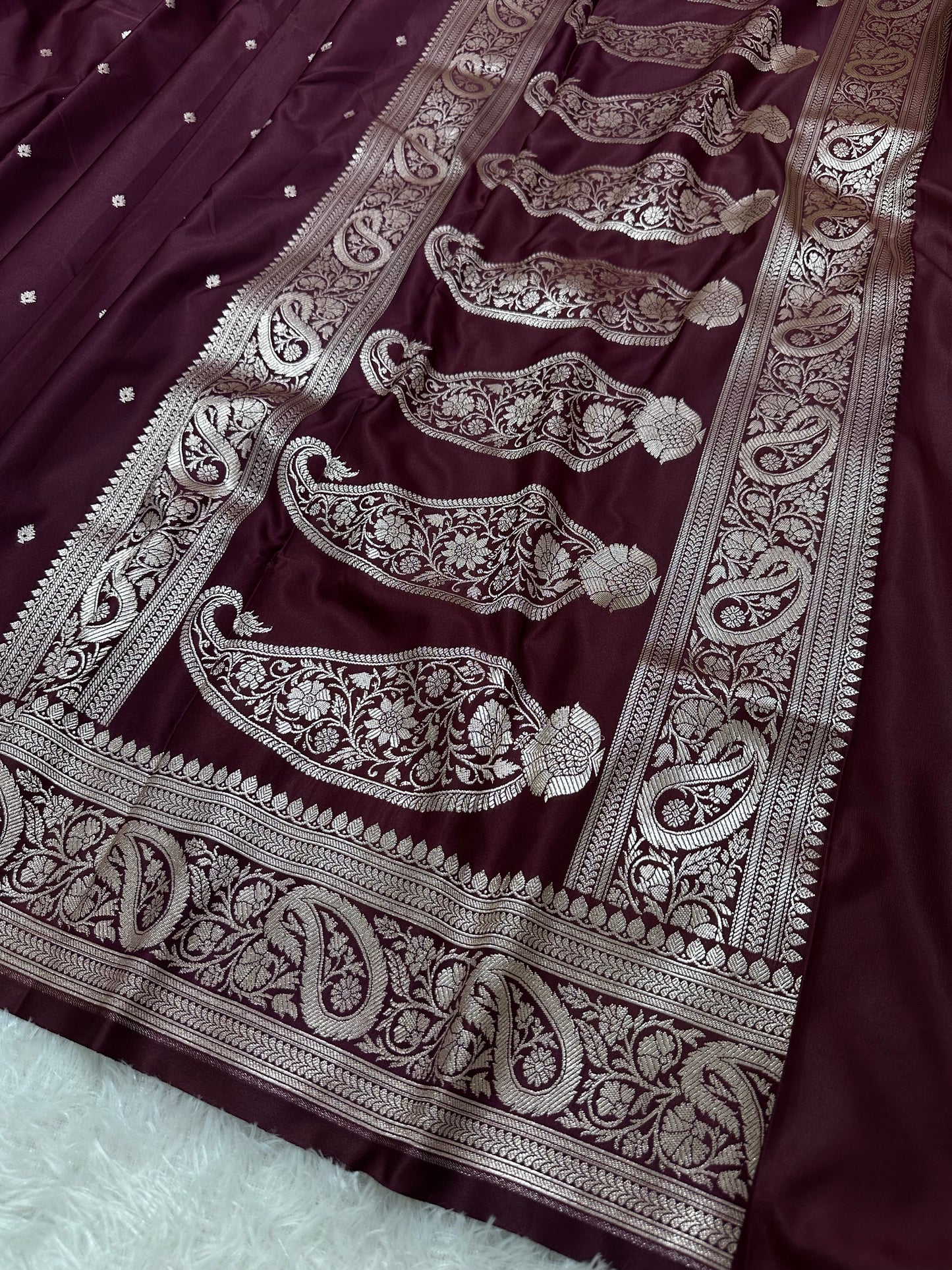 Deep Wine Katan Silk Banarasi Saree with Traditional Paisley Border and Shimmering Copper Zari Micro-Butis