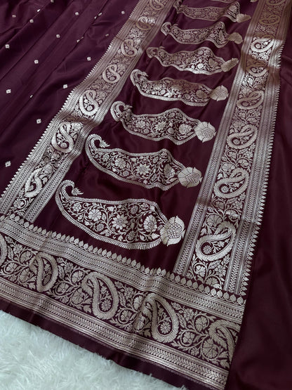 Deep Wine Katan Silk Banarasi Saree with Traditional Paisley Border and Shimmering Copper Zari Micro-Butis