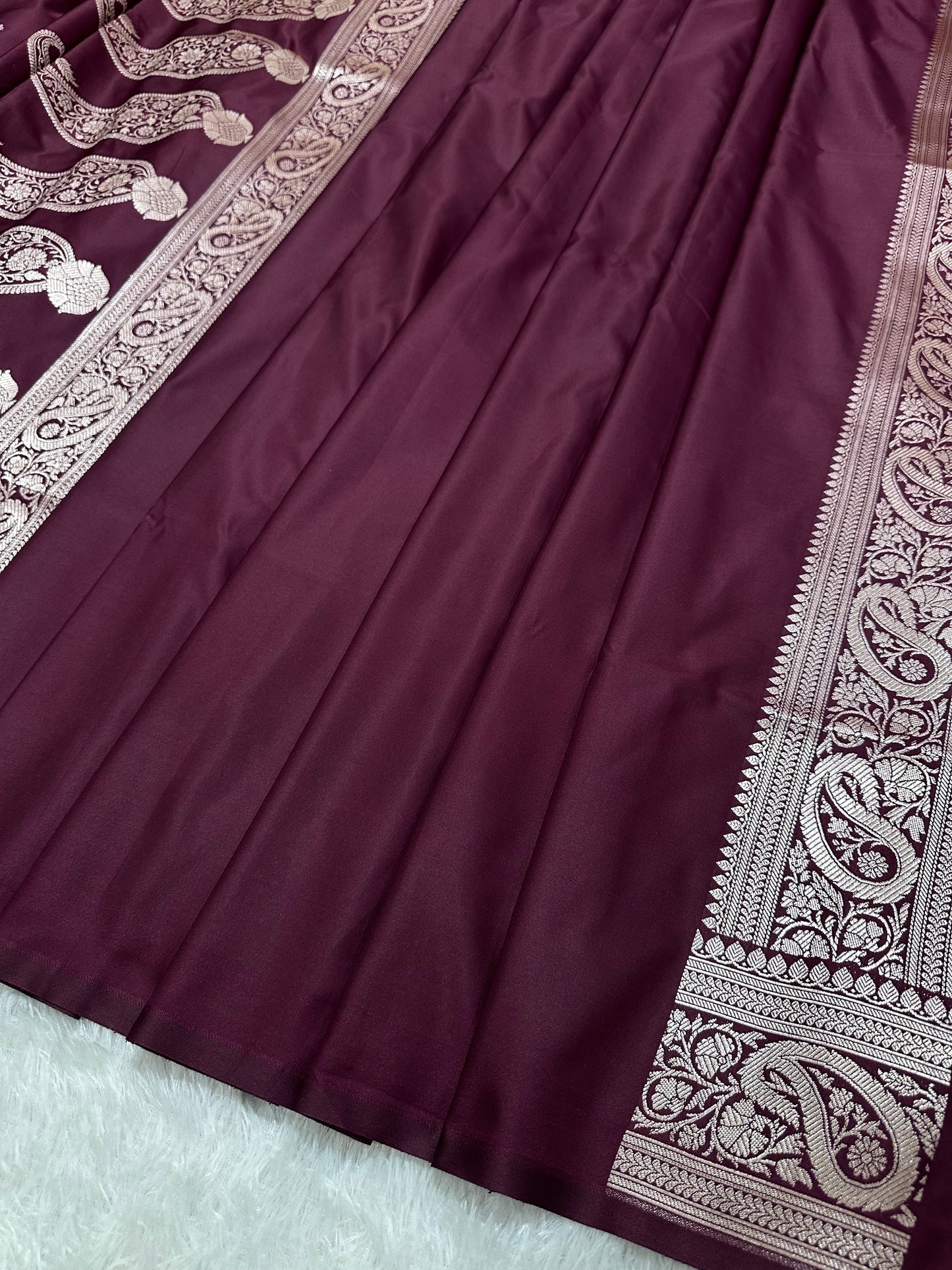 Deep Wine Katan Silk Banarasi Saree with Traditional Paisley Border and Shimmering Copper Zari Micro-Butis