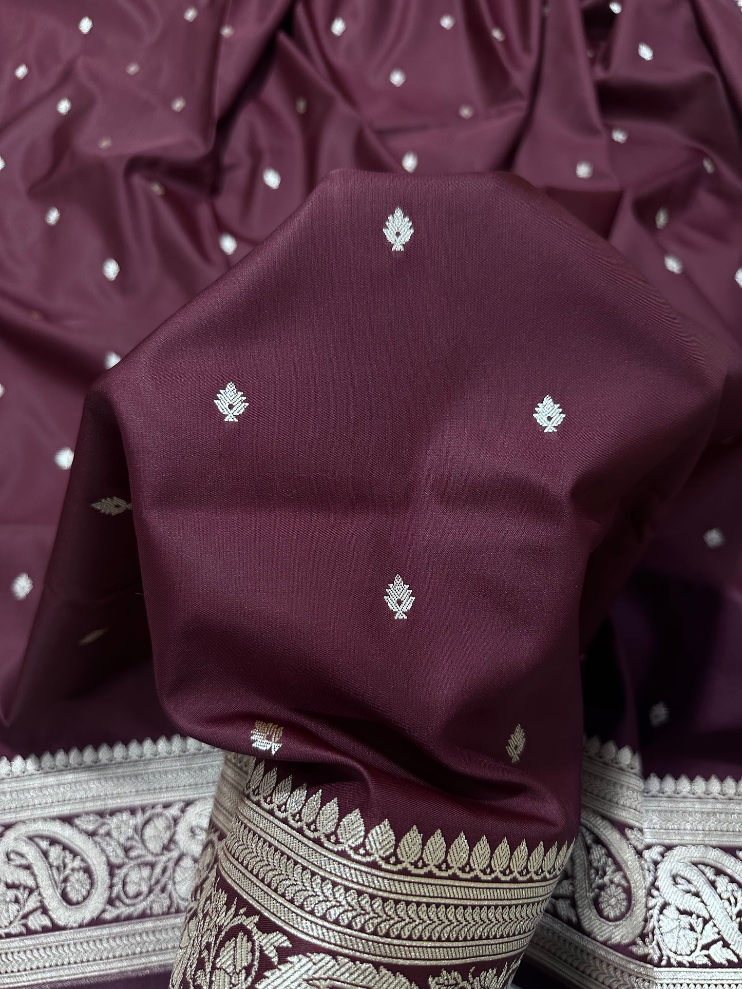 Deep Wine Katan Silk Banarasi Saree with Traditional Paisley Border and Shimmering Copper Zari Micro-Butis