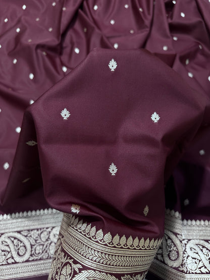 Deep Wine Katan Silk Banarasi Saree with Traditional Paisley Border and Shimmering Copper Zari Micro-Butis