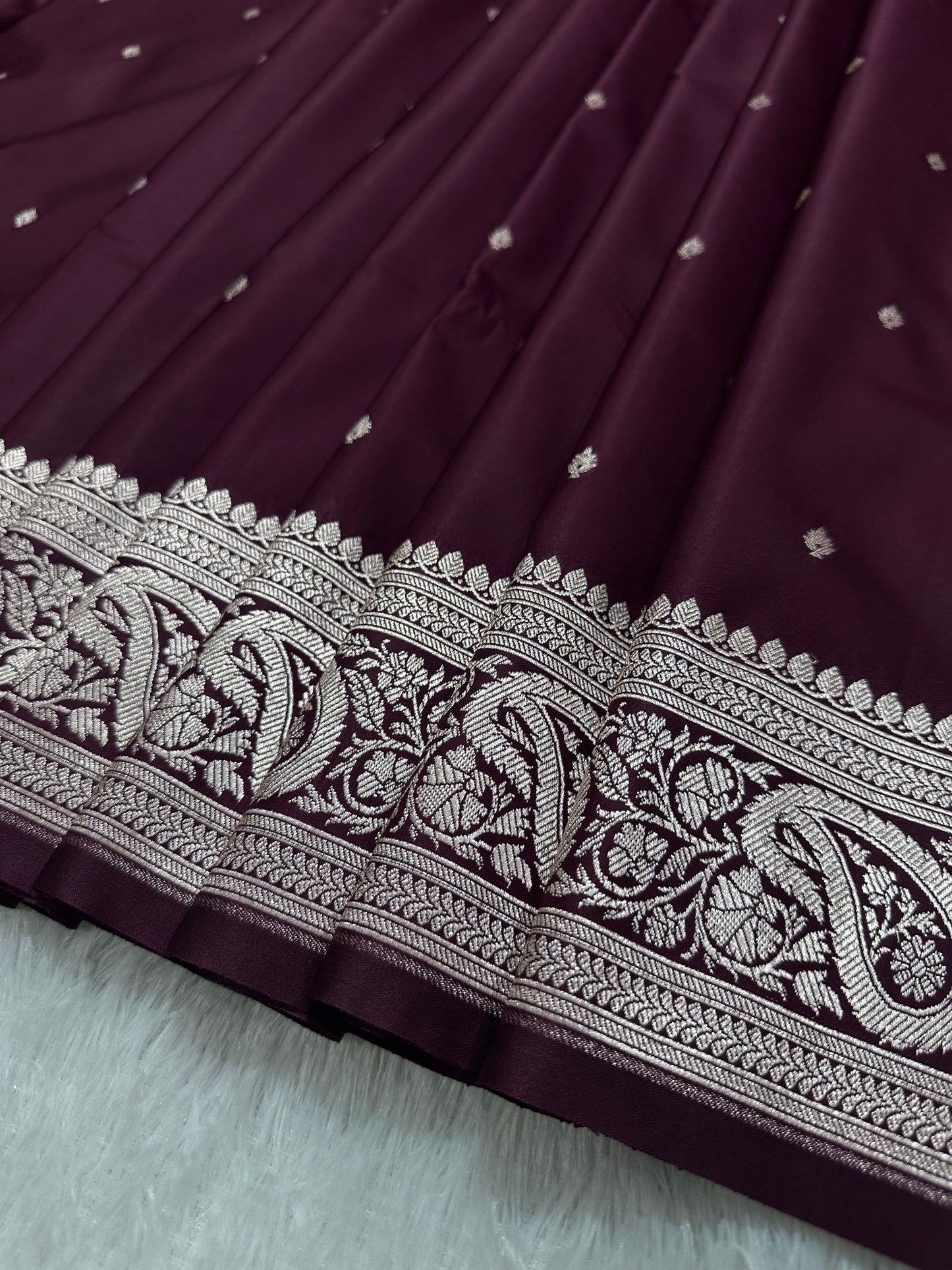Deep Wine Katan Silk Banarasi Saree with Traditional Paisley Border and Shimmering Copper Zari Micro-Butis