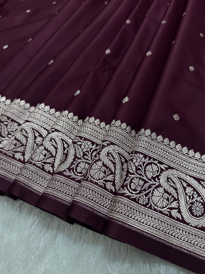 Deep Wine Katan Silk Banarasi Saree with Traditional Paisley Border and Shimmering Copper Zari Micro-Butis