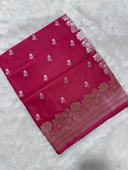 Deep Cherry Katan Silk Banarasi Saree with Fine Antique Copper Zari Arch-Bell Jhallar Border