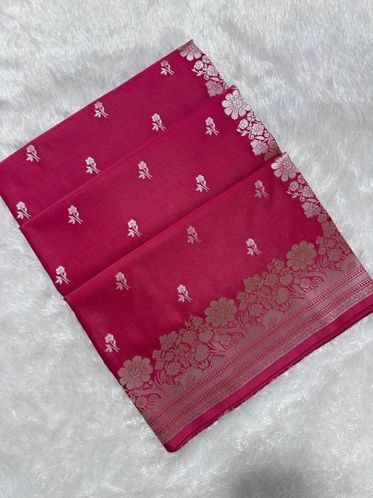 Deep Cherry Katan Silk Banarasi Saree with Fine Antique Copper Zari Arch-Bell Jhallar Border