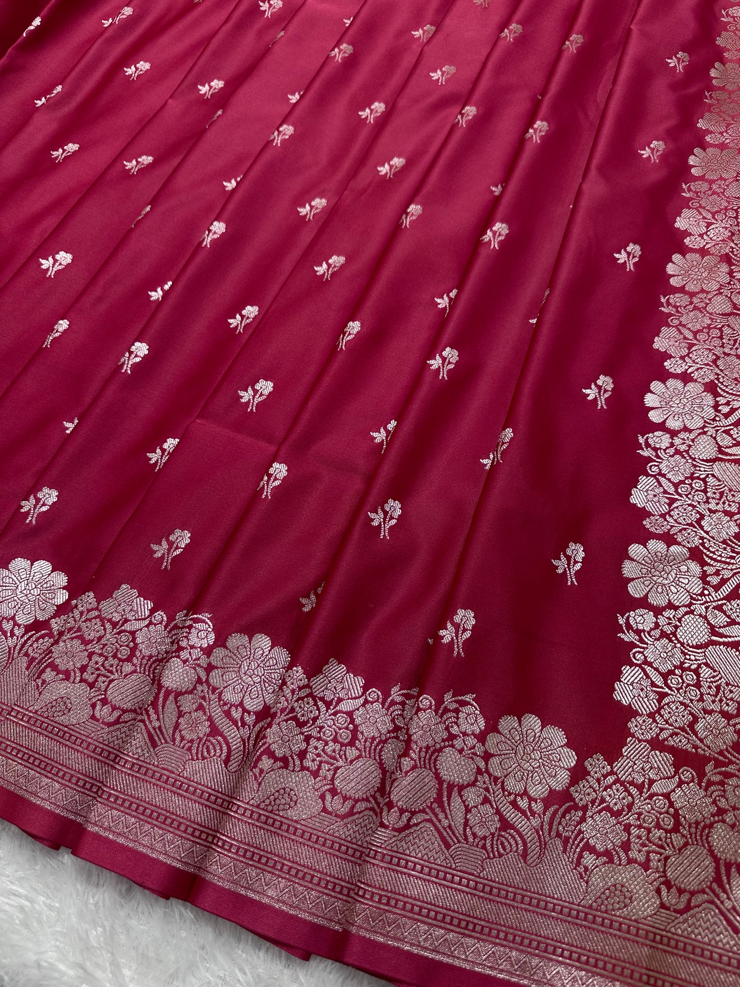 Deep Cherry Katan Silk Banarasi Saree with Fine Antique Copper Zari Arch-Bell Jhallar Border