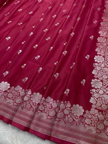 Deep Cherry Katan Silk Banarasi Saree with Fine Antique Copper Zari Arch-Bell Jhallar Border