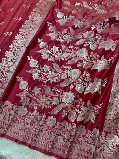 Deep Cherry Katan Silk Banarasi Saree with Fine Antique Copper Zari Arch-Bell Jhallar Border