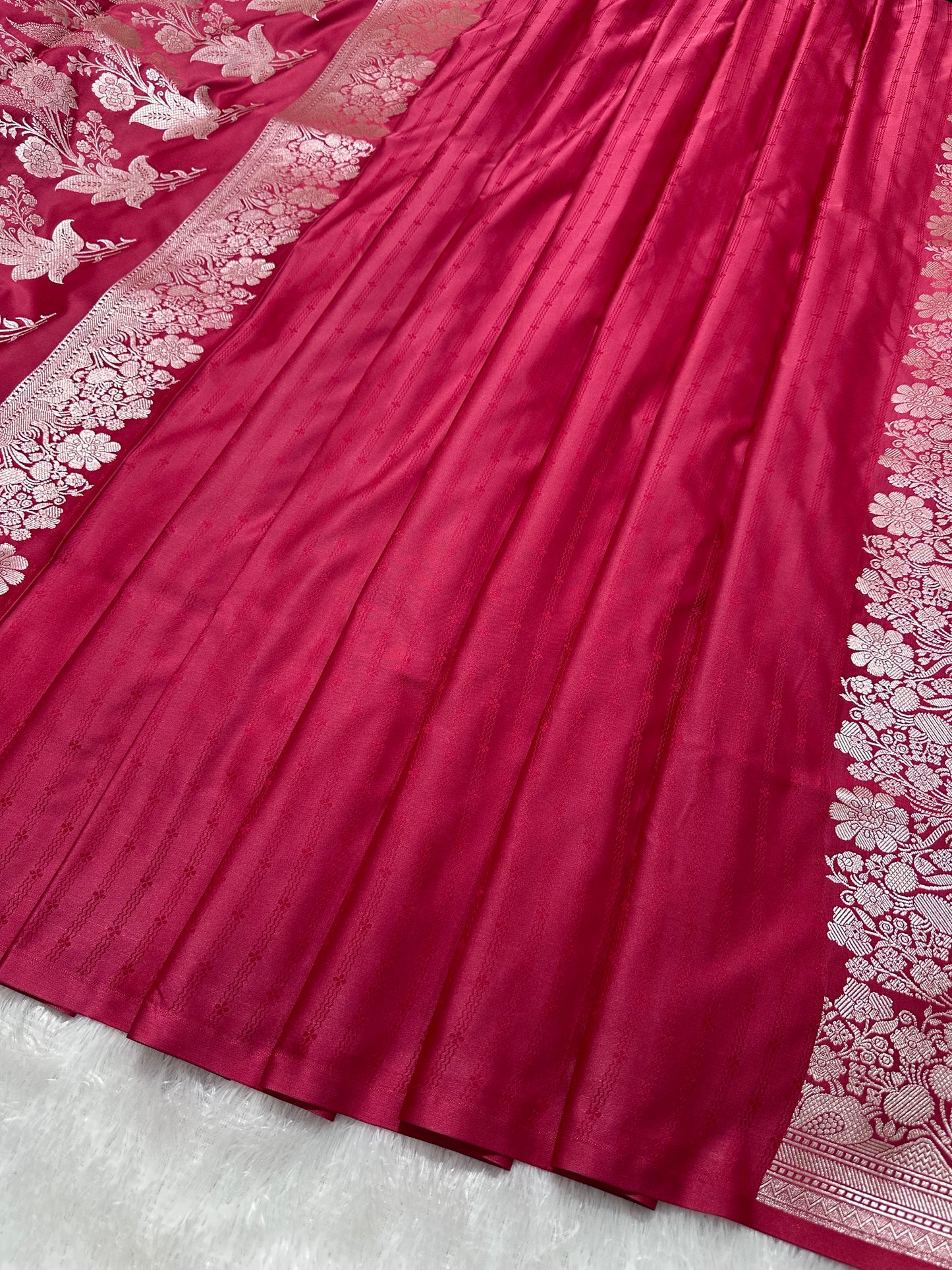 Deep Cherry Katan Silk Banarasi Saree with Fine Antique Copper Zari Arch-Bell Jhallar Border