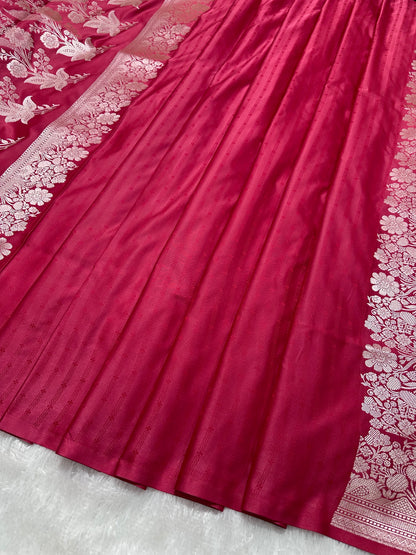 Deep Cherry Katan Silk Banarasi Saree with Fine Antique Copper Zari Arch-Bell Jhallar Border