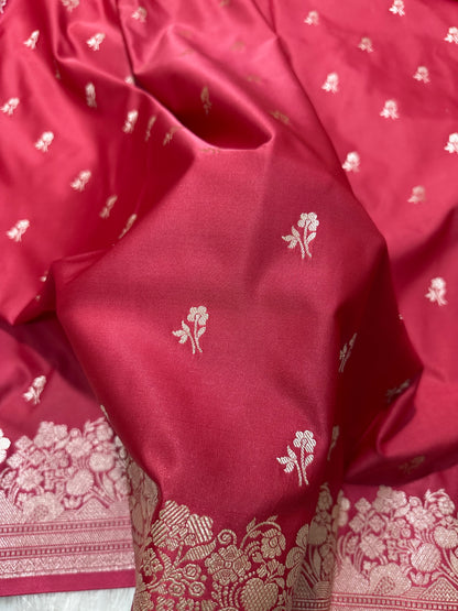 Deep Cherry Katan Silk Banarasi Saree with Fine Antique Copper Zari Arch-Bell Jhallar Border