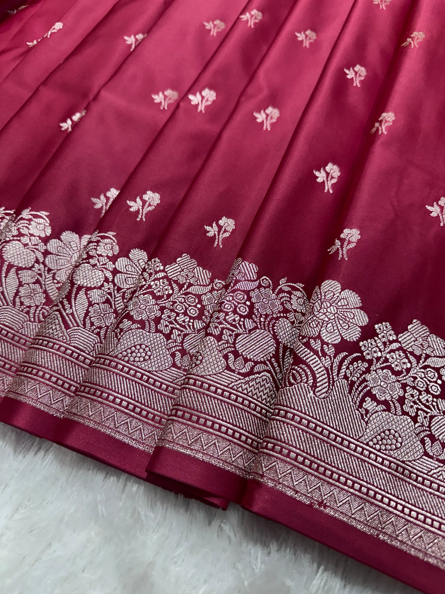 Deep Cherry Katan Silk Banarasi Saree with Fine Antique Copper Zari Arch-Bell Jhallar Border